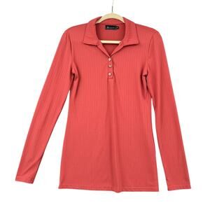For G and PL Coral Long Sleeve Ribbed Button Placket Collared Polo Shirt Small